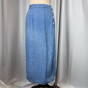 Vintage 90s Chambray Wrap Skirt Sz 11/12 100% Cotton‎ Midi Button Closure Boho